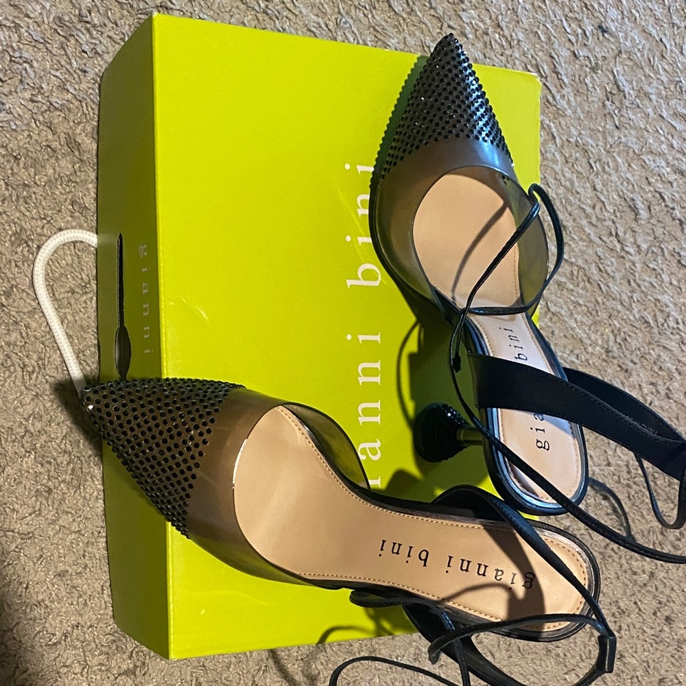 Gianni Bini Black Textured Ankle Strap Heels